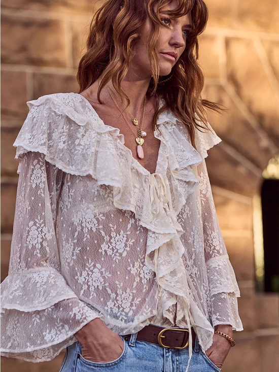 Spell Tops - Spell labyrinth Ivory Lace Ruffle V-Neck Blouse xl